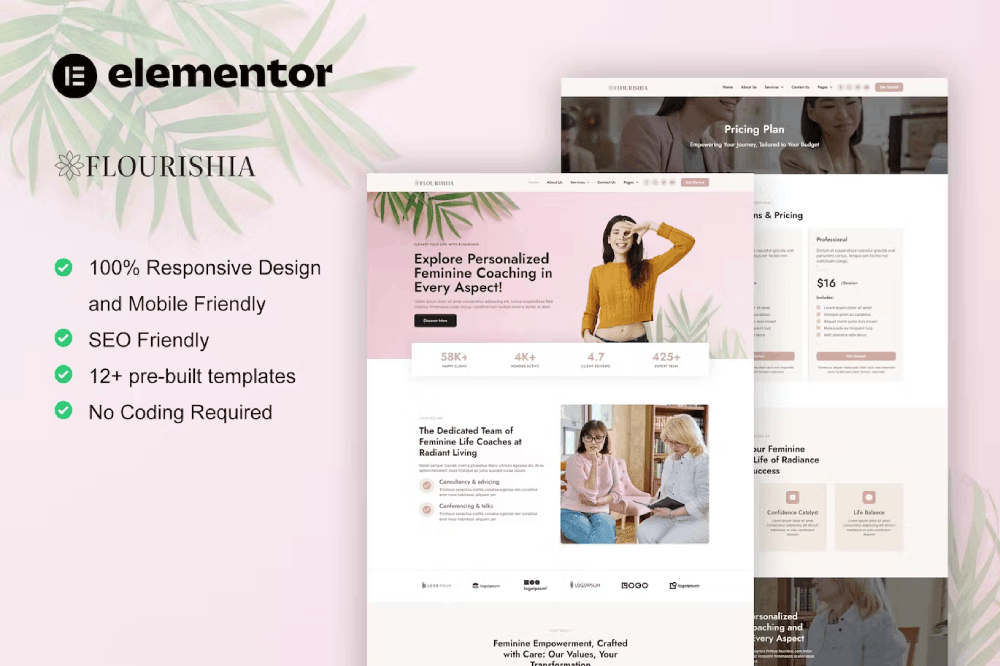 Flourishia Feminine Business Coaching Elementor Pro Template Kit