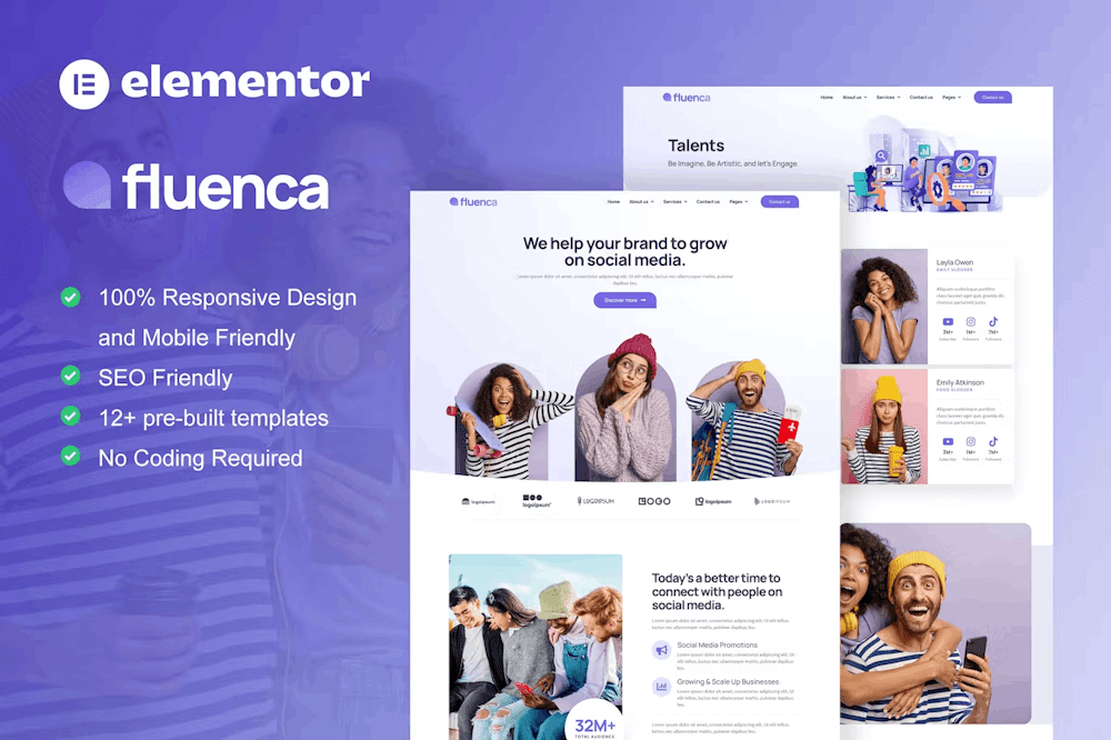 Fluenca Social Media Agency Elementor Pro Full Site Template Kit