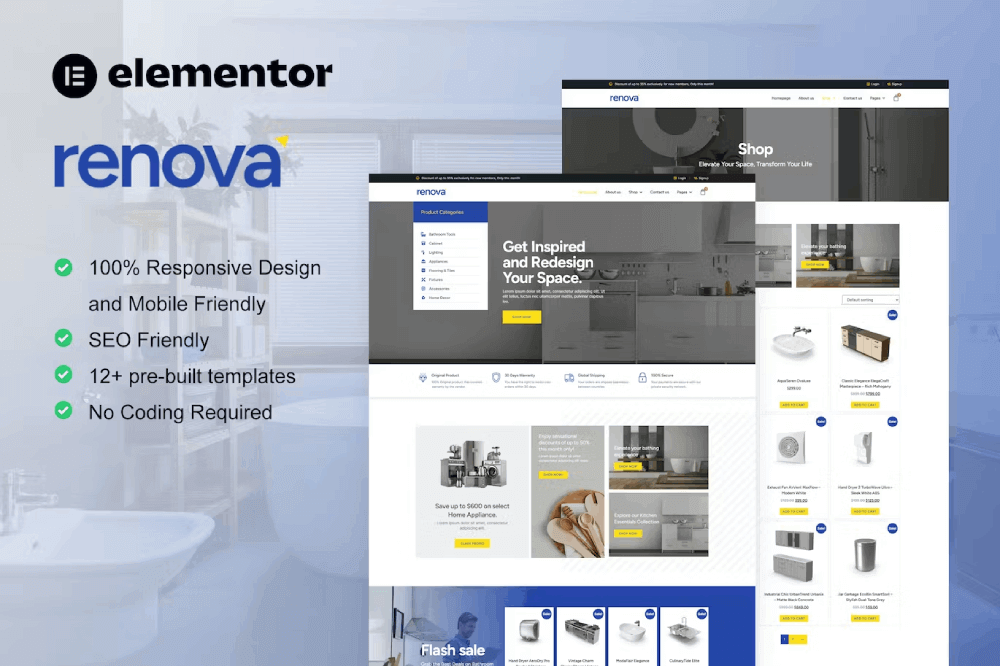 Renova Elementor Pro Template Kit for Kitchen, Bathroom & Renovation