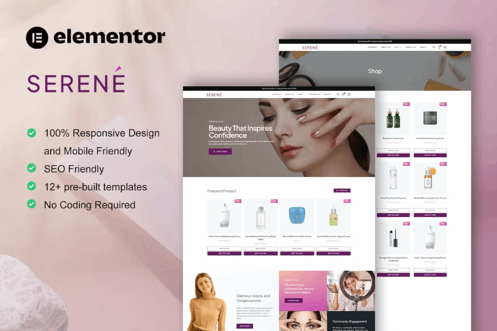 Elementor Pro Serene Template Kit for Beauty Shops & Skincare Websites