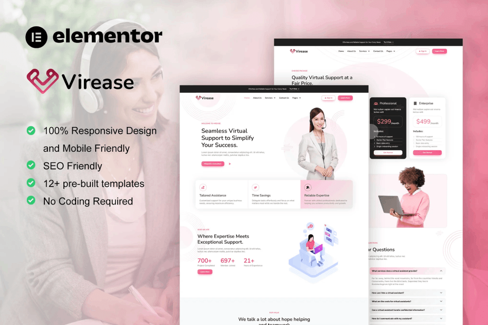 Virease Virtual Assistant Service Elementor Pro Template Kit