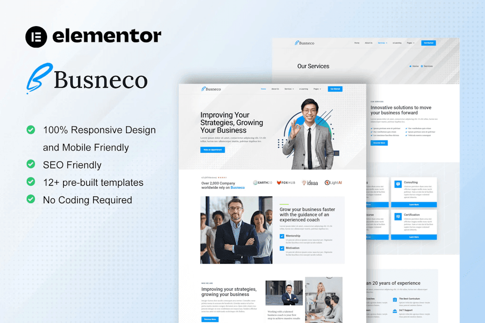 Busneco – Business Coach & Consulting Elementor Template Kit TemplateGoat
