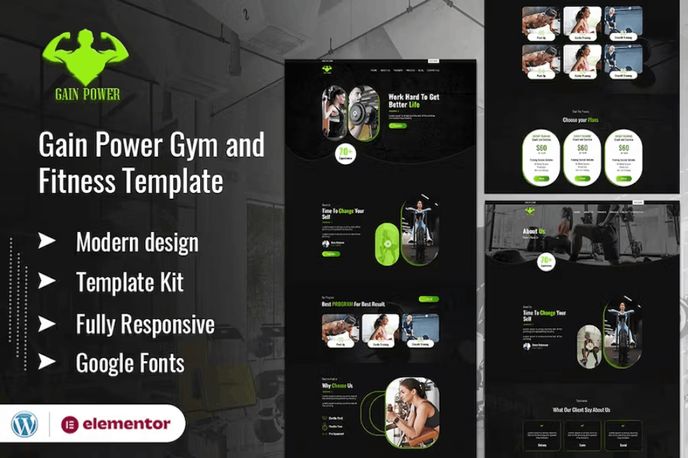 GAIN POWER – Gym & Fitness Elementor Template Kit TemplateGoat