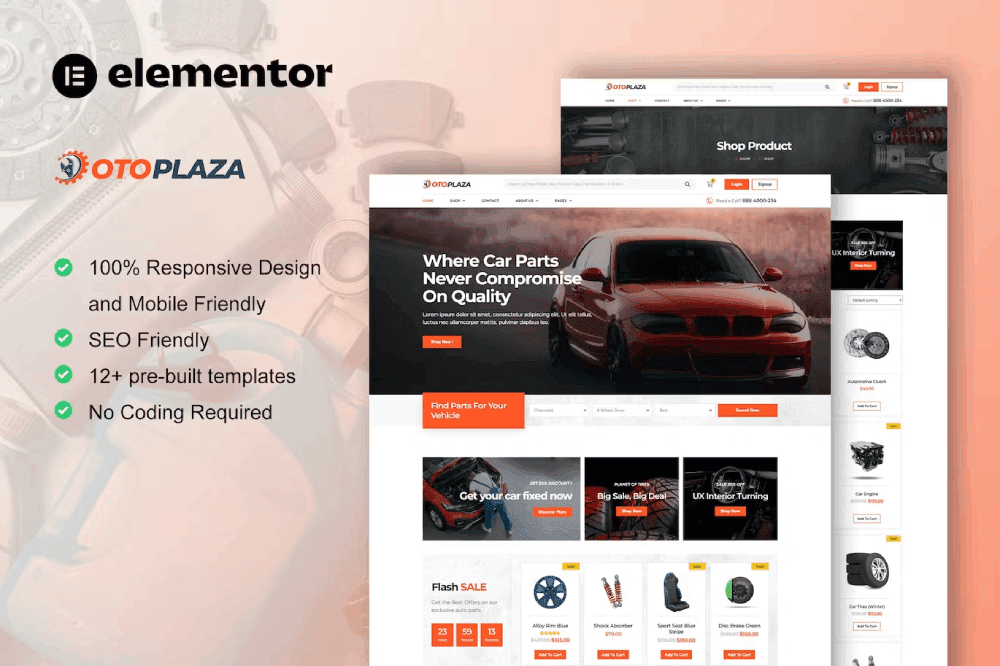 OtoPlaza – Auto Parts Store & Accessories Elementor Pro Template Kit TemplateGoat