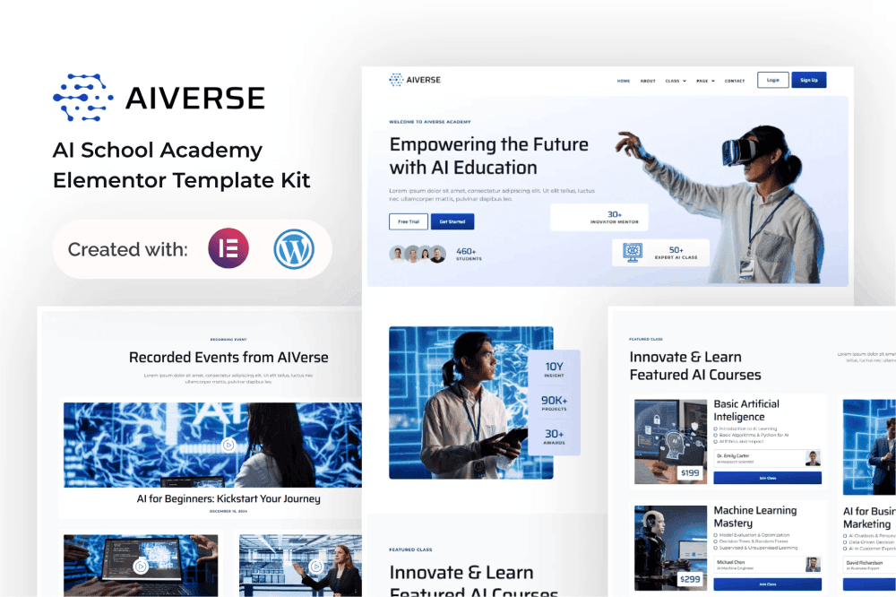AIVerse – AI School Academy Elementor Template Kit Templategoat elementor template free download