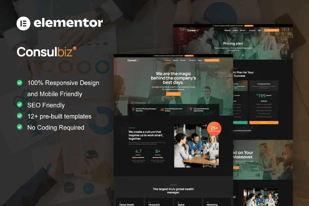 ConsulBiz – Business Consultant Elementor Template Kit TemplateGoat business consultant Elementor template