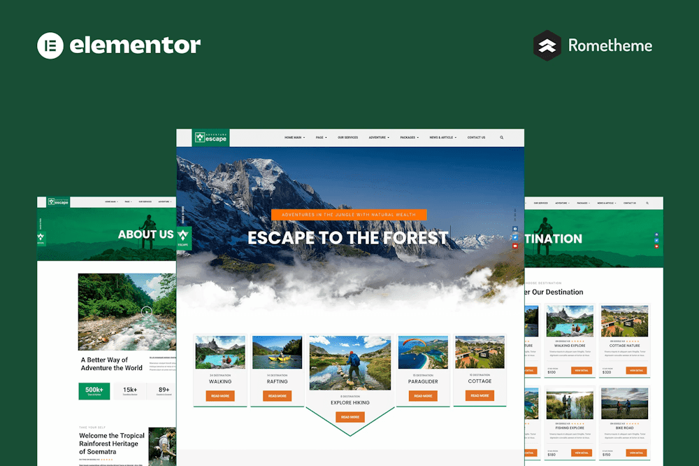 Escape - Forest Travel Adventure Elementor Pro Full Site Template Kit Templategoat elementor template free download