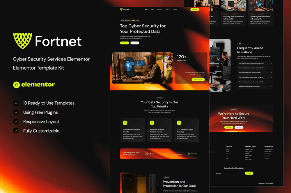 Fortnet – Cyber Security Services Elementor Template Kit TemplateGoat Elementor cyber security kit