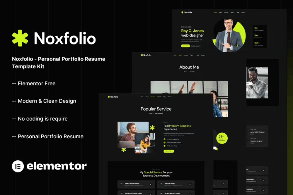Noxfolio – Personal Portfolio Resume Elementor Template Kit Templategoat ELEMENTOR TEMPLATE