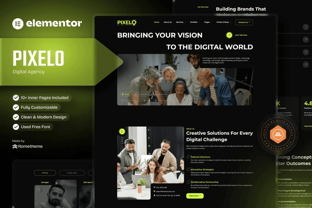 Pixelo – Digital Agency Elementor Template Kit Templategoat Elementor Templates