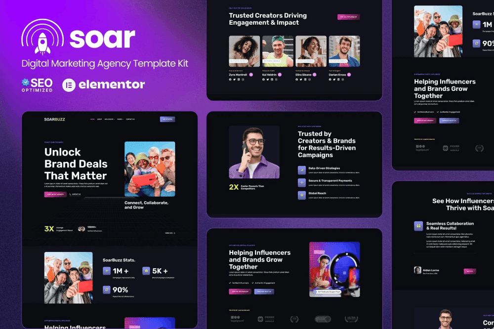 SoarBuzz – Influencer Agency Elementor Template Kit TemplateGoat