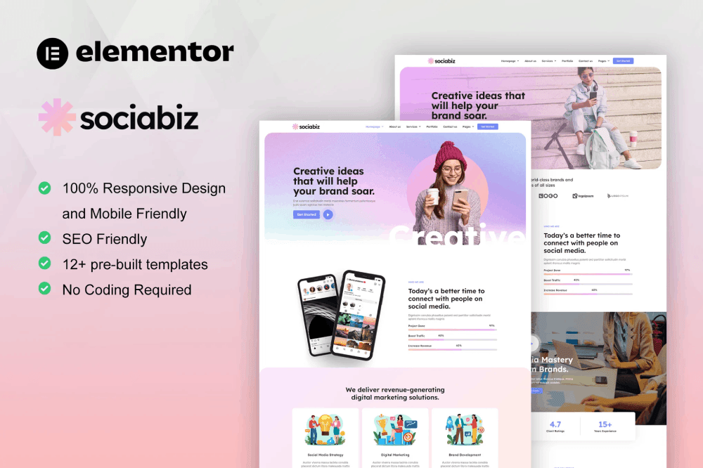 SociaBiz – Digital Marketing Agency Elementor Template Kit TemplateGoat agency elementor template kit