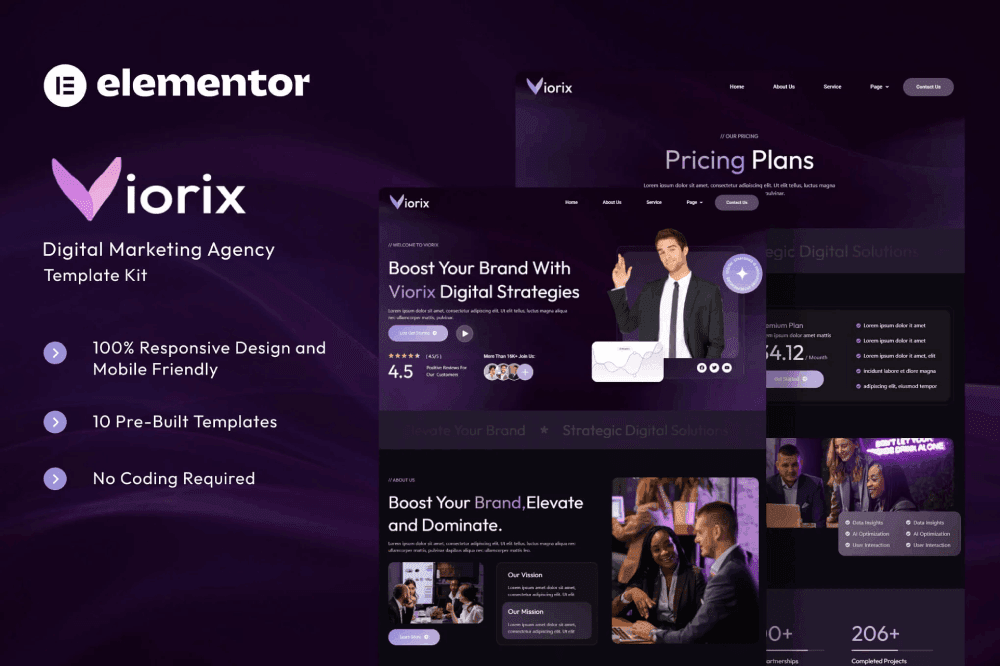 Viorix – Digital Marketing Agency Elementor Template Kit templategoat digital agency Elementor template