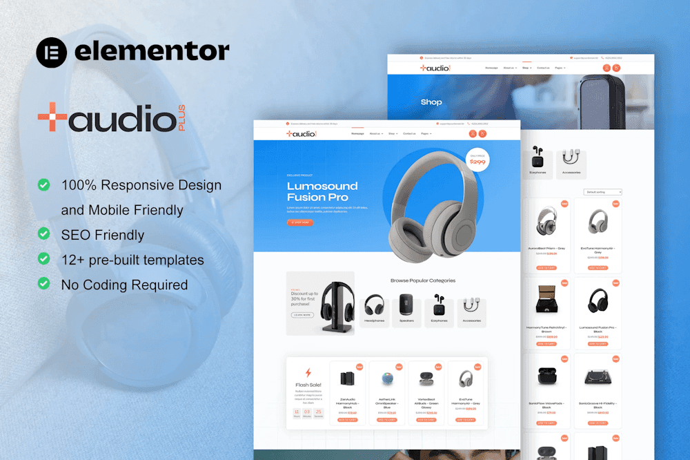 AudioPlus - Audio Store WooCommerce Elementor Template Kit audio store Elementor template