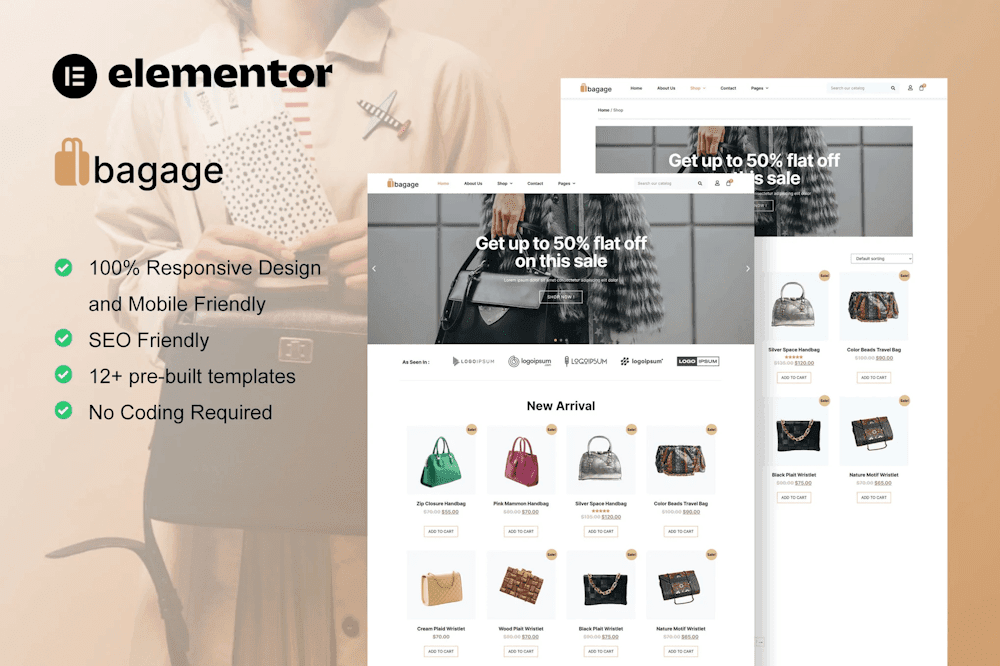 Bagage - Woocommerce Bag Store Elementor Pro Template Kit bag store Elementor template