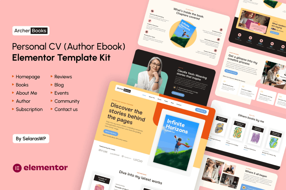 ArcherBooks – Author & eBook Resume Elementor Pro Template Kit CV Elementor template