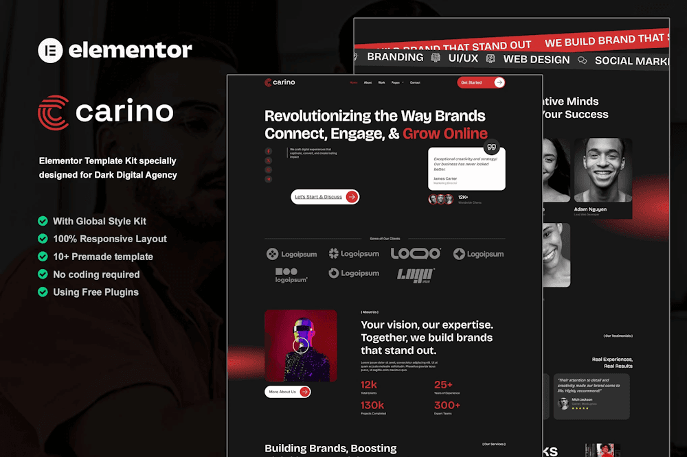 Carino – Dark Digital Agency Elementor Template Kit digital agency Elementor template