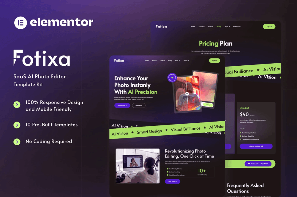 Fotixa – SaaS AI Photo App Website Elementor Template Kit AI photo editing Elementor template