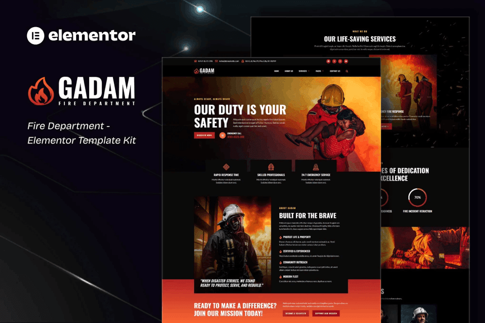 Gadam – Fire Department Elementor Template Kit fire department Elementor template