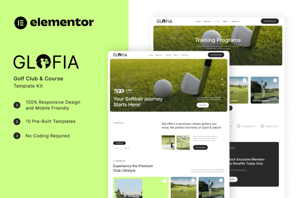 Glofia – Golf Club & Course Elementor Template Kit golf club Elementor template