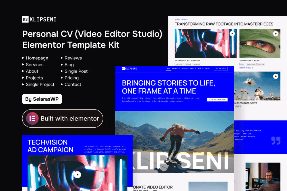 KlipSeni – Personal CV Video Editor Elementor Template Kit video editor CV Elementor template