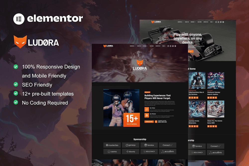 Ludora – Game Developer & Studio Elementor Pro Template Kit templategoat game developer Elementor template