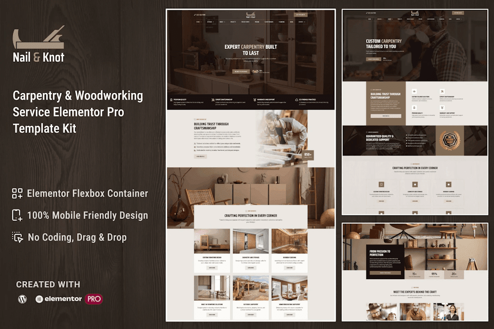 Nail&Knot - Carpentry & Woodworking Service Elementor Pro Template Kit carpentry Elementor template