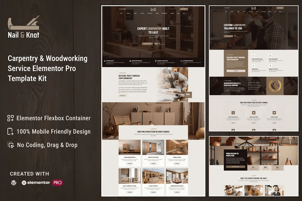 Nail&Knot - Carpentry & Woodworking Service Elementor Pro Template Kit carpentry Elementor template