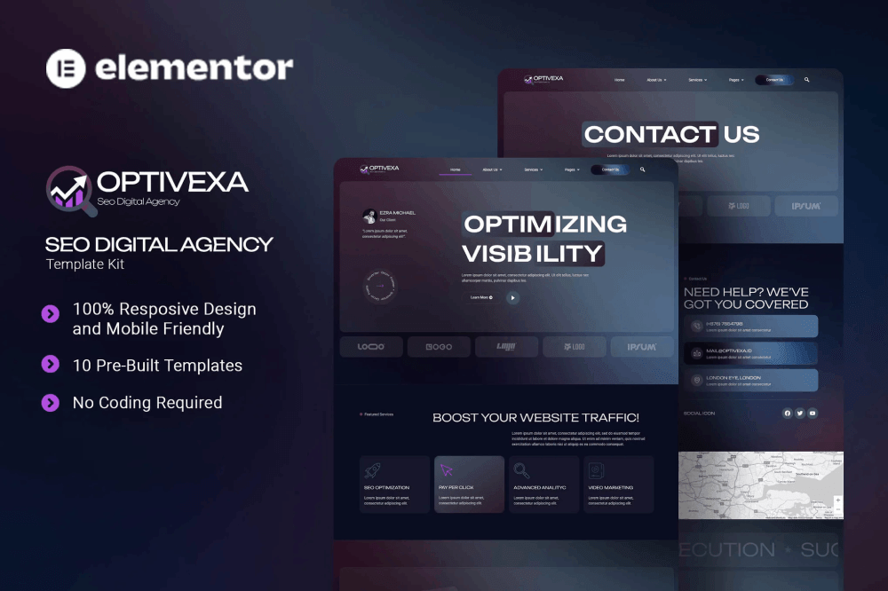 Optivexa – SEO Digital Agency Elementor Template Kit templategoat SEO Elementor template