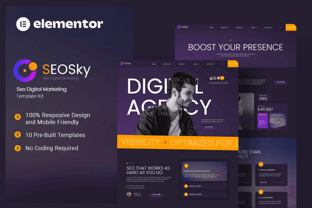 Seosky – Seo Digital Marketing Elementor Template Kit SEO Elementor template