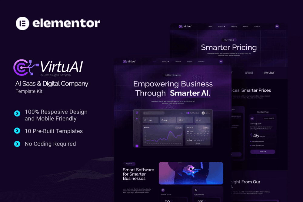 VirtuAI – AI Saas & Digital Company Elementor Template Kit AI SaaS Elementor template