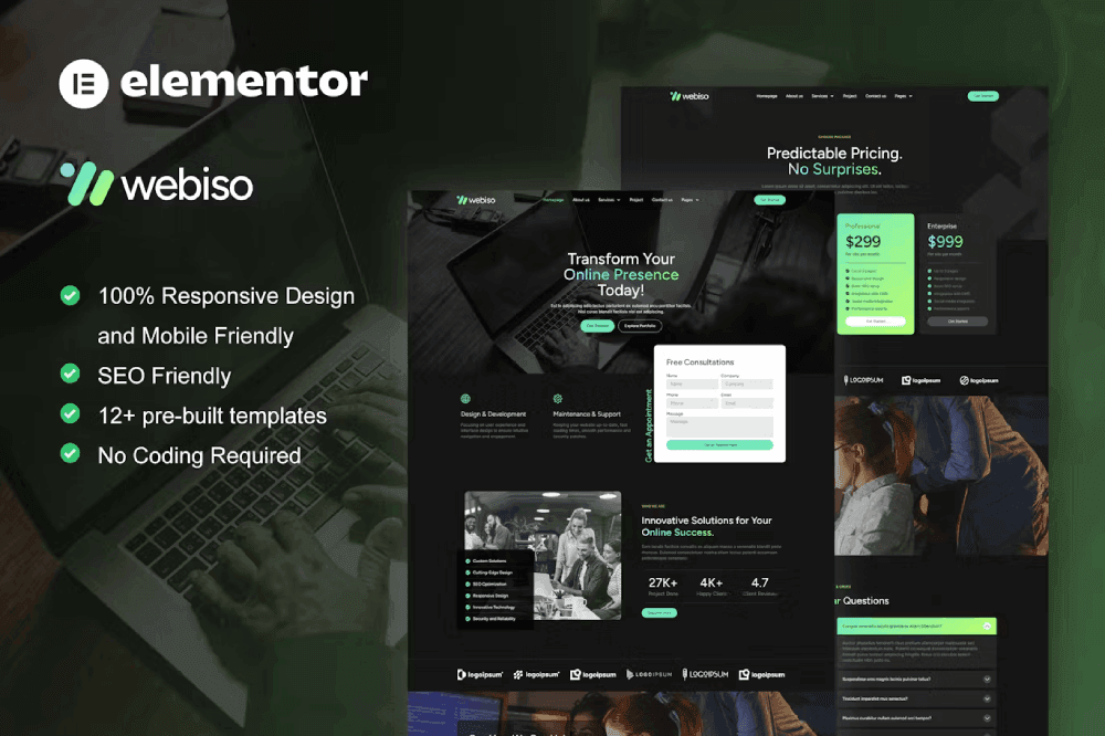 Webiso – Dark Digital Agency Elementor Template Kit digital agency Elementor template