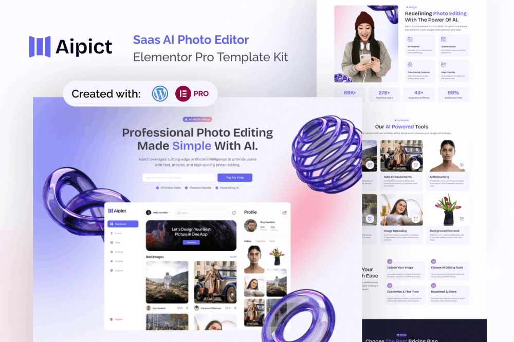 Aipict – Saas AI Photo Editor Website Elementor Template Kit SaaS AI Elementor template