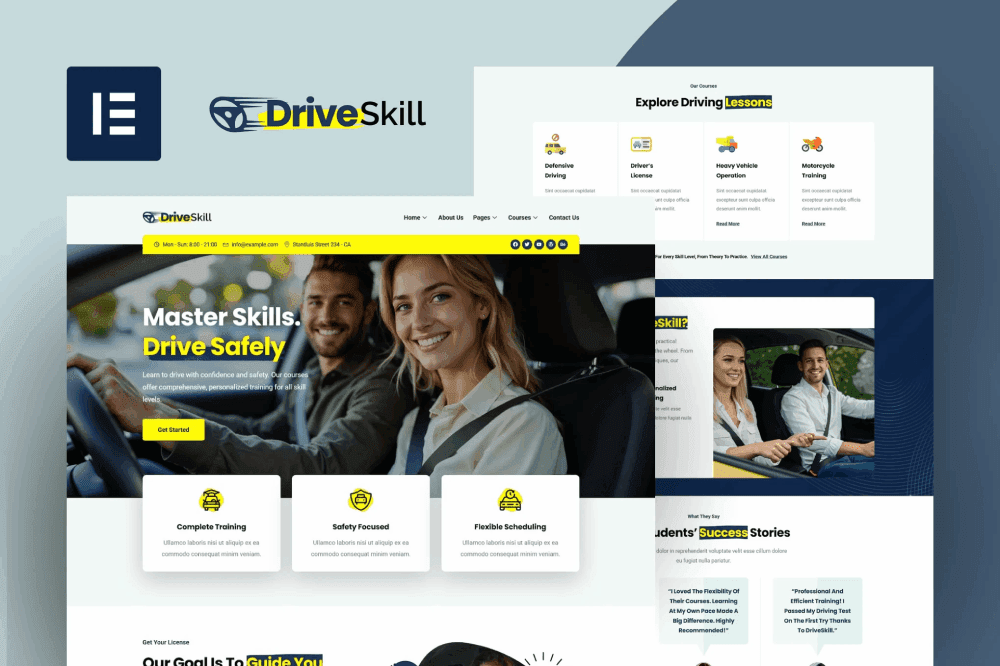 DriveSkill – Driving School Elementor Template Kit driving school Elementor template