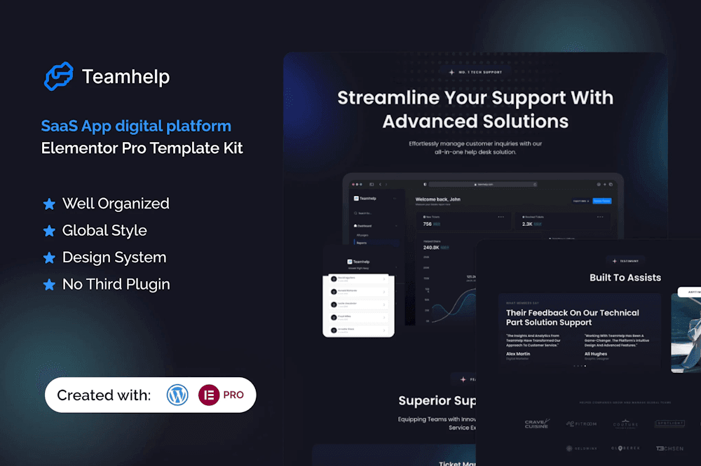 Teamhelp – Help Desk SaaS Elementor Pro Template Kit help desk Elementor template