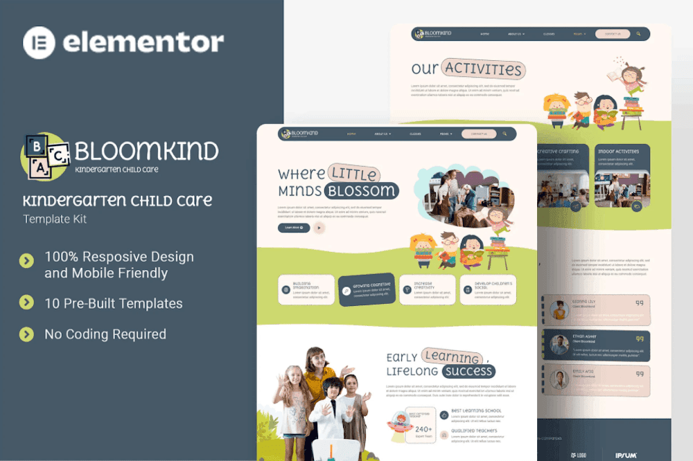 Bloomkind – Kindergarten Child Care Elementor Template Kit kindergarten Elementor template