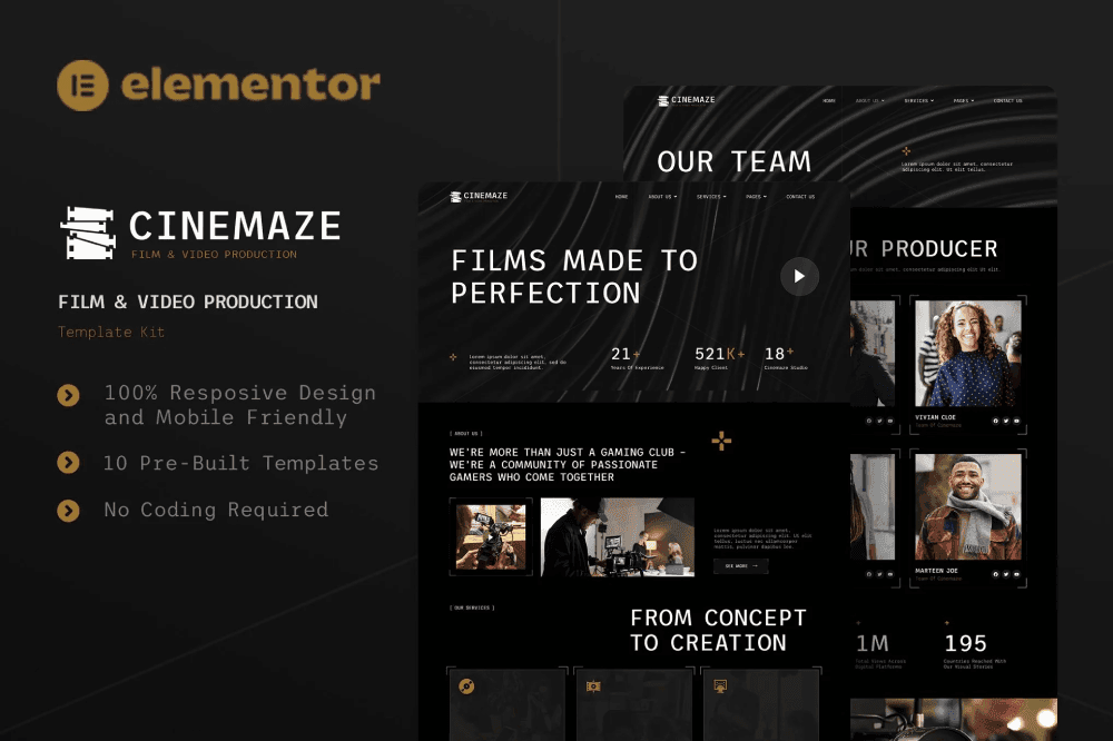 Cinemaze is an Elementor Template Kit for quickly and easily creating a full website in WordPress for your business featuring a modern and professional design. The kit features a fully compatible design system and professionally hand-picked images for a premium, branded head-start on your next project. Optimized for use with the free Hello Elementor theme, this kit is fine-tuned, fast-loading and fully responsive. ### Templates Home About Us Team Services Project Pricing FAQ Blog 404 Contact Us ### Font Used Trispace Roboto ### Plugins installed with kit Elementor ElementsKit QI Addons Ultimate Addons for Elementor Lite Metform
