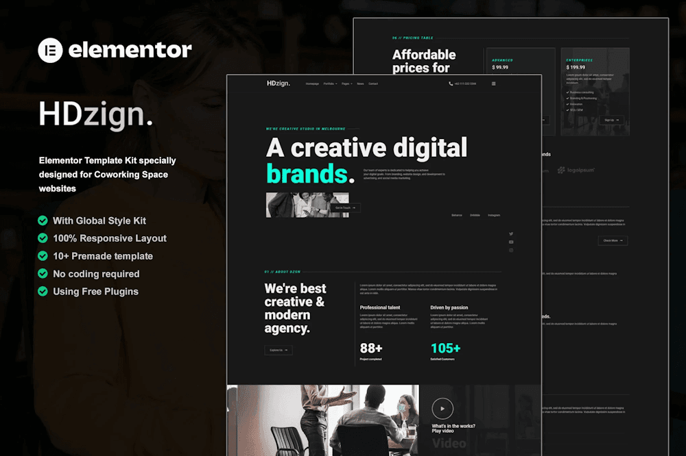 HDzign – Dark Digital Agency Elementor Template Kit dark agency Elementor template