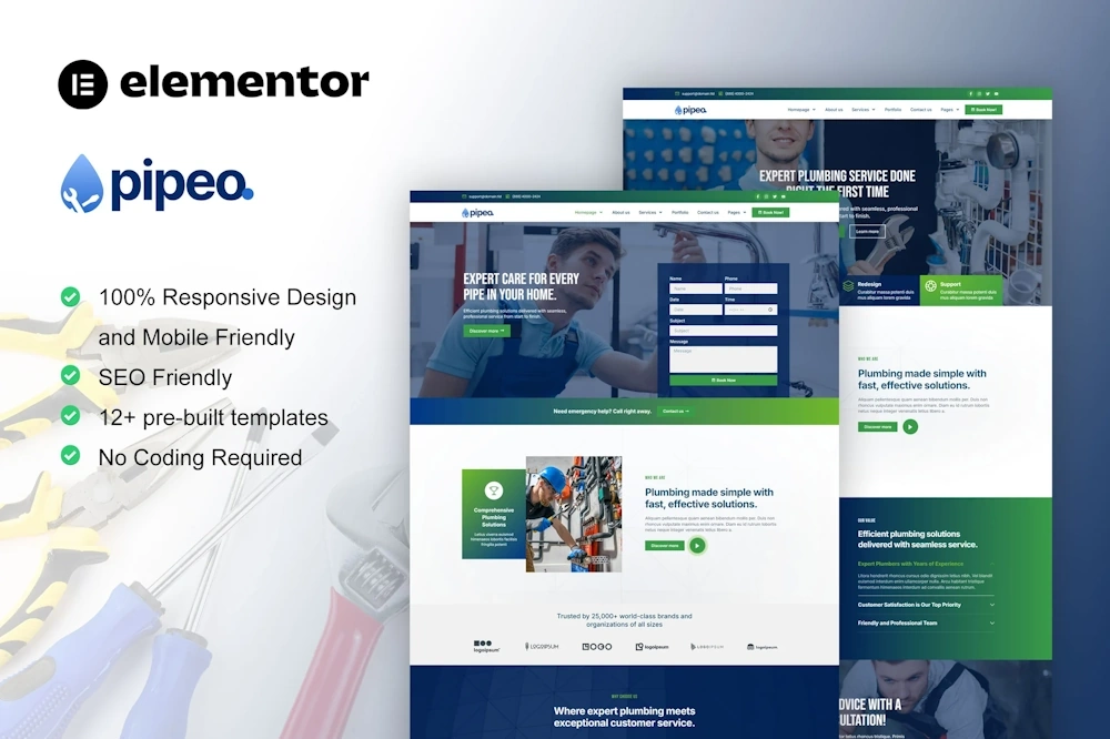 Pipeo – Plumbing Service Elementor Pro Template Kit