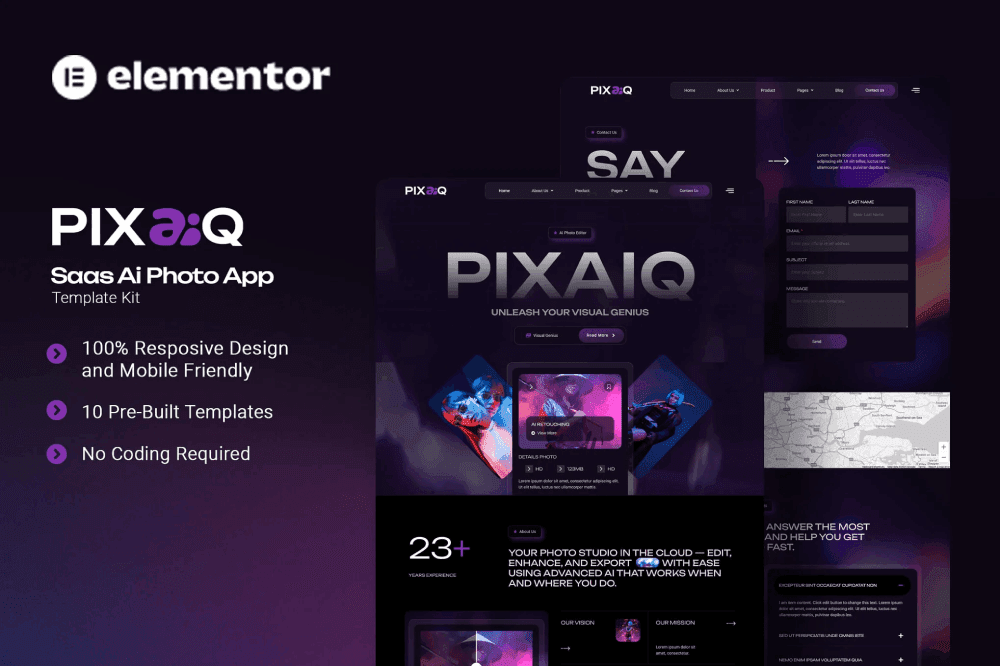 Pixaiq – Saas AI Photo App Elementor Template Kit