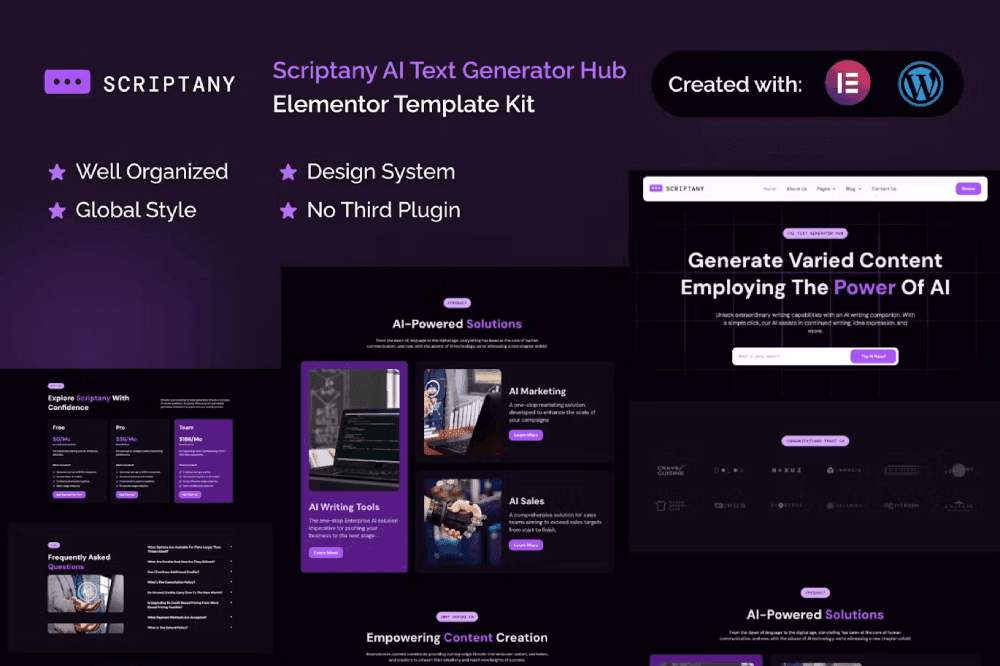 Scriptany – AI Text Generator Hub Elementor Pro Template Kit tech Elementor template