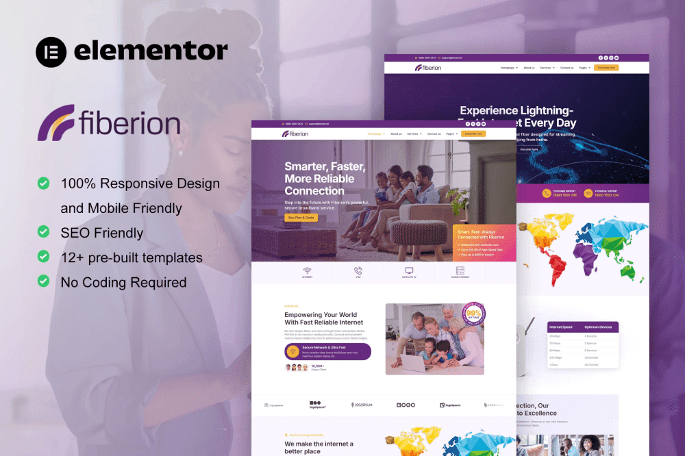 Fiberion – Broadband & Internet Service Provider Elementor Template Kit broadband Elementor template internet provider website template