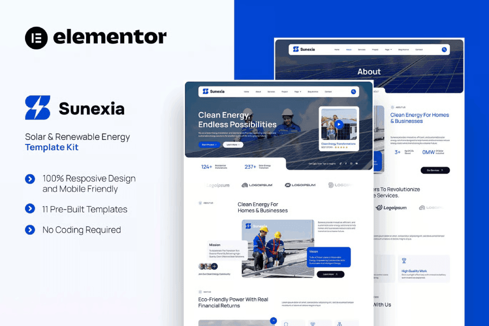 Sunexia – Solar & Renewable Energy Elementor Template Kit