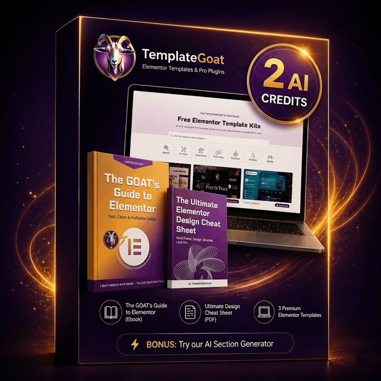 TemplateGoat free elementor template kit bundle 3 premium template kits one giude and 2 free credits for GOAT AI