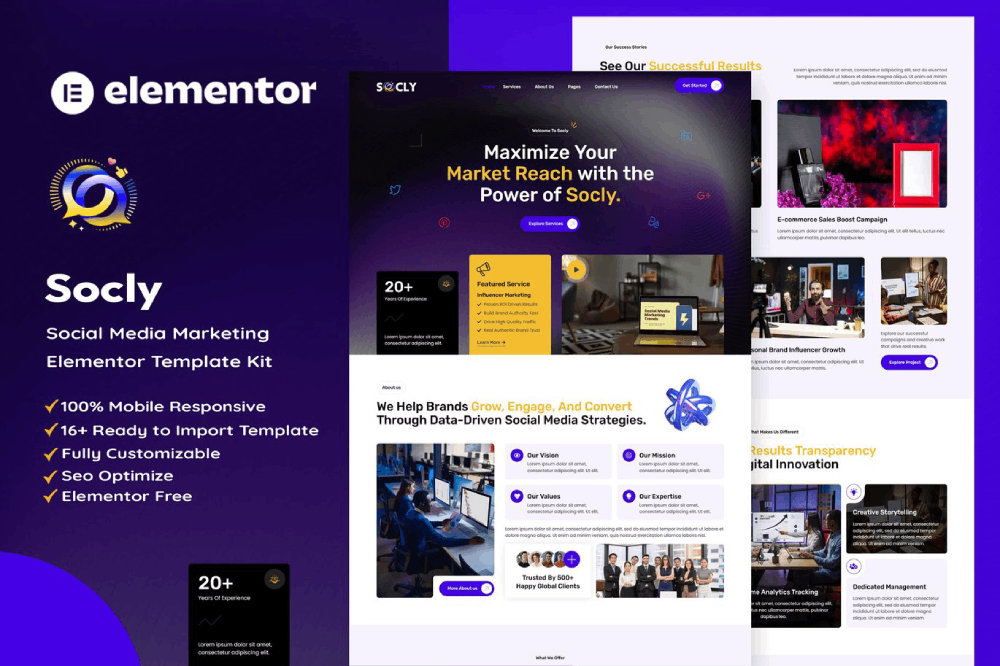 Socly – Social Media Marketing Agency Elementor Template Kit