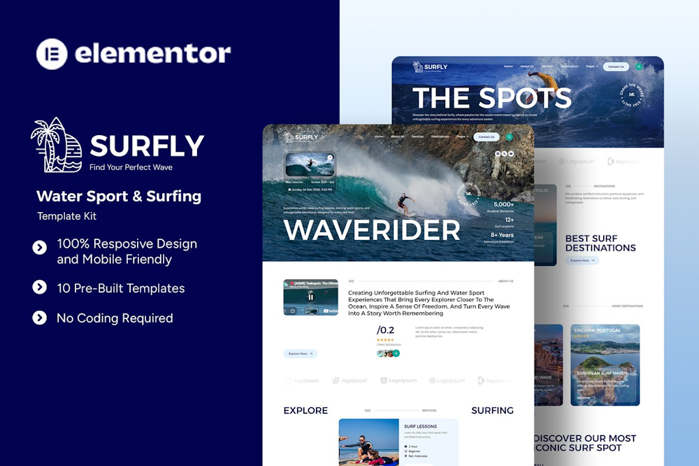 Surfly – Water Sport & Surfing Elementor Template Kit